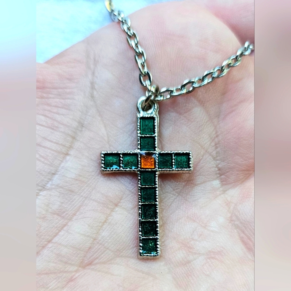 Vintage Women's Cross Pendant Necklace, Metal Green Enamel, Silver Chain